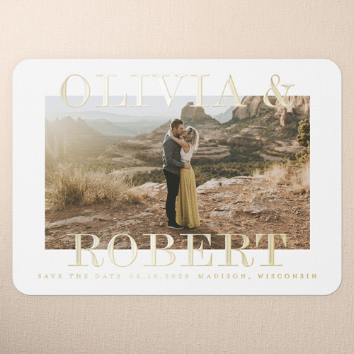 Bright Names Together Save The Date, White, Gold Foil, 5x7, Matte, Personalized Foil Cardstock, Rounded