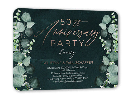 Eucalyptus Shadow Wedding Anniversary Invitation, Rose Gold Foil, Green, 5x7, Matte, Personalized Foil Cardstock, Rounded