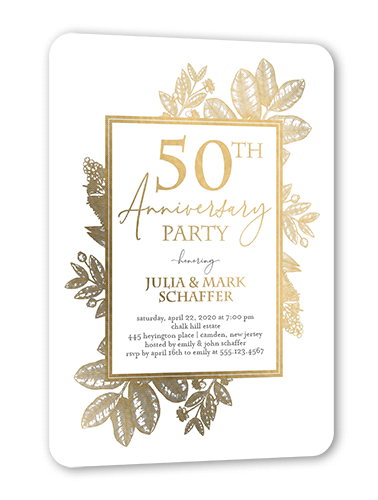Formal Foliage Wedding Anniversary Invitation, Gold Foil, Beige, 5x7, Matte, Personalized Foil Cardstock, Rounded
