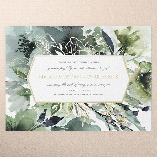 Abstract Bouquet Wedding Invitation, Blue, Gold Foil, 5x7, Matte, Personalized Foil Cardstock, Square