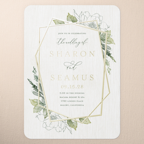 Etched Floral Wedding Invitation, Green, Gold Foil, 5x7, Matte, Personalized Foil Cardstock, Rounded