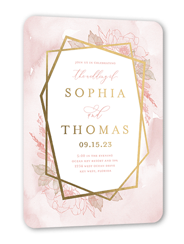 Etched Floral Wedding Invitation, Pink, Gold Foil, 5x7, Matte, Personalized Foil Cardstock, Rounded