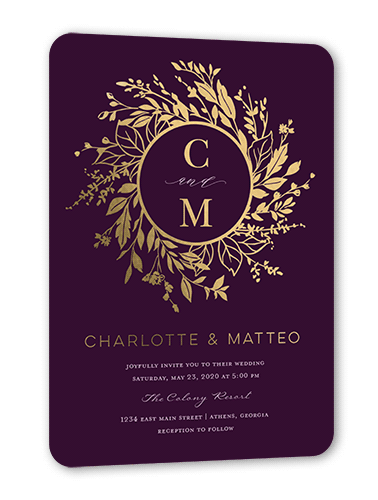 Garland Initials Wedding Invitation, Gold Foil, Purple, 5x7, Matte, Personalized Foil Cardstock, Rounded