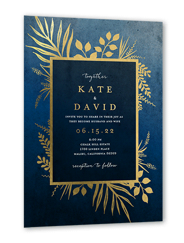 Tropic Fauna Wedding Invitation, Blue, Gold Foil, 5x7, Matte, Personalized Foil Cardstock, Square, Stormy Blue