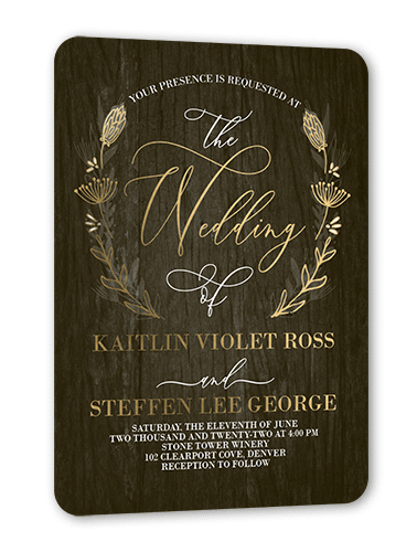 Wedding Crest Wedding Invitation, Black, Gold Foil, 5x7, Matte, Personalized Foil Cardstock, Rounded
