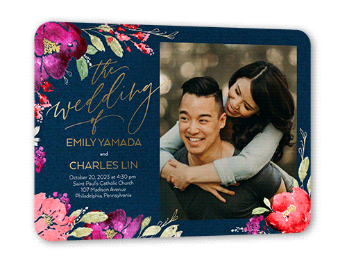 Gilded Flowers Wedding Invitation, Blue, Gold Foil, 5x7, Matte, Personalized Foil Cardstock, Rounded
