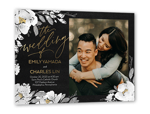 Gilded Flowers Wedding Invitation, Gold Foil, White, 5x7, Matte, Personalized Foil Cardstock, Square
