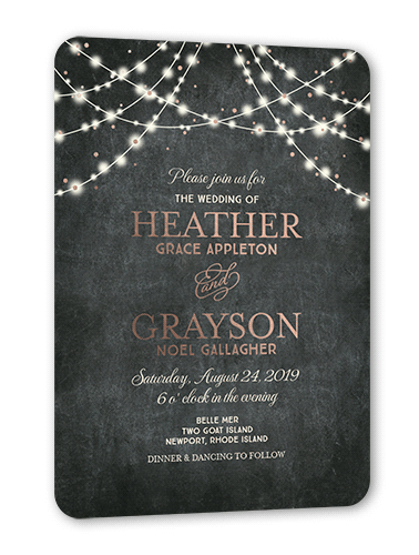 Glowing Celebration Wedding Invitation, Rose Gold Foil, Grey, 5x7, Matte, Personalized Foil Cardstock, Rounded