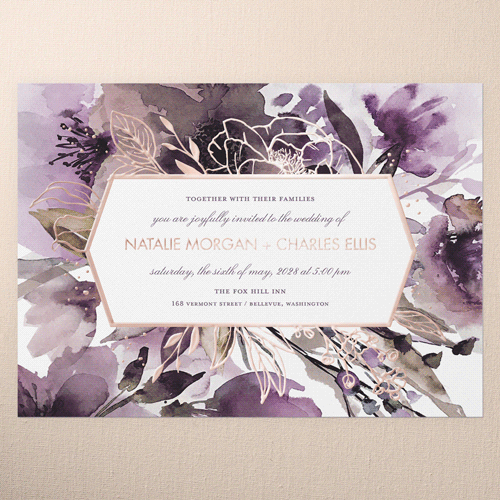 Abstract Bouquet Wedding Invitation, Purple, Rose Gold Foil, 5x7, Matte, Personalized Foil Cardstock, Square