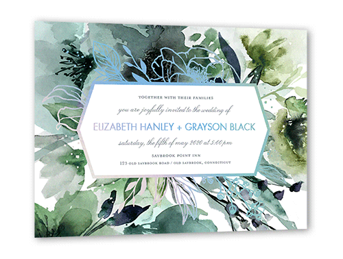 Abstract Bouquet Wedding Invitation, Iridescent Foil, Blue, 5x7, Matte, Personalized Foil Cardstock, Square, White
