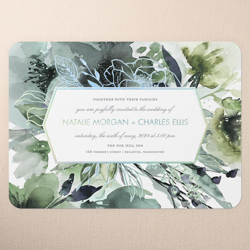 Abstract Bouquet Wedding Invitation, Blue, Iridescent Foil, 5x7, Matte, Personalized Foil Cardstock, Rounded