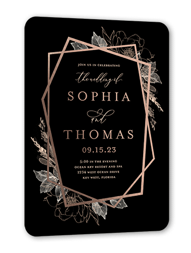 Etched Floral Wedding Invitation, Rose Gold Foil, Black, 5x7, Matte, Personalized Foil Cardstock, Rounded