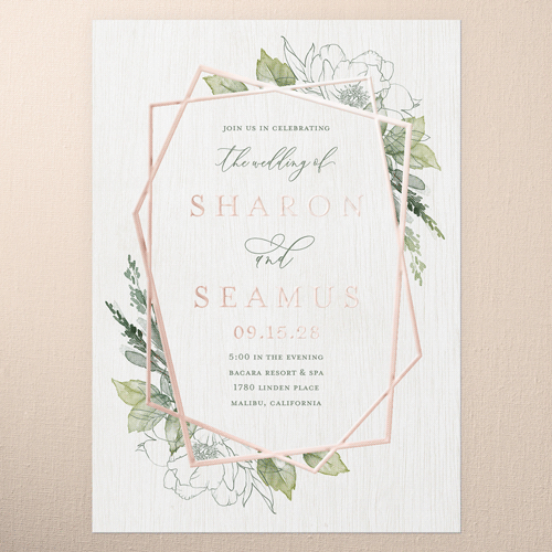 Etched Floral Wedding Invitation, Rose Gold Foil, Green, 5x7, Matte, Personalized Foil Cardstock, Square