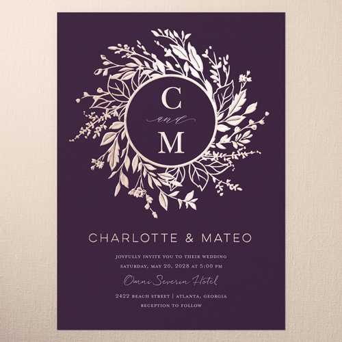 Garland Initials Wedding Invitation, Rose Gold Foil, Purple, 5x7, Matte, Personalized Foil Cardstock, Square