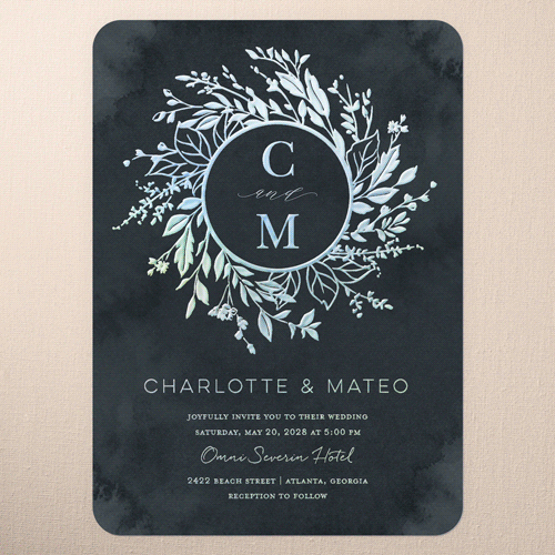 Garland Initials Wedding Invitation, Black, Iridescent Foil, 5x7, Matte, Personalized Foil Cardstock, Rounded