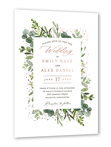 Border Botanicals Wedding Invitation, White, Rose Gold Foil, 5x7, Matte, Personalized Foil Cardstock, Square