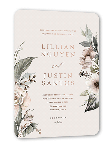 Black Tie Affair Wedding Invitation, Grey, Rose Gold Foil, 5x7, Matte, Personalized Foil Cardstock, Rounded