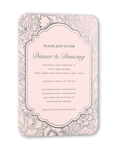 Ornate Petals Wedding Enclosure Card, Silver Foil, Pink, Signature Smooth Cardstock, Rounded, Magnolia