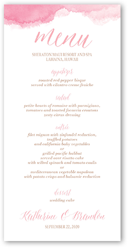 Simply Watercolor Wedding Menu, Pink, 4x8 Menu, 100% Recycled Cardstock , Square