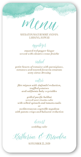 Simply Watercolor Wedding Menu, Blue, 4x8 Menu, Matte, Signature Smooth Cardstock, Rounded, Reef