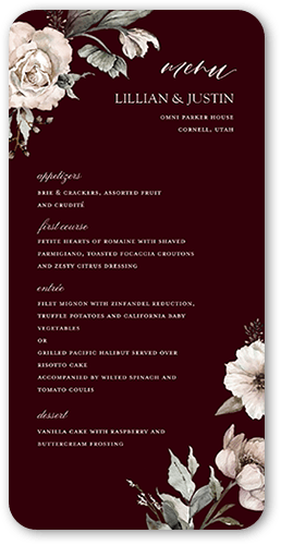 Black Tie Affair Wedding Menu, Red, 4x8 Menu, Pearl Shimmer Cardstock, Rounded, Garnet