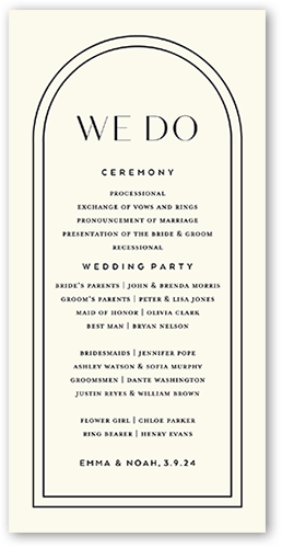 Arched Rehearsal Wedding Program, Beige, 4x8 Flat Program, Pearl Shimmer Cardstock, Square