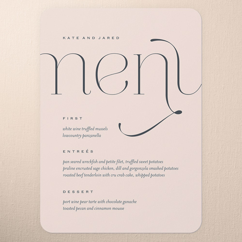 Elegant Embellishment Wedding Menu, Pink, 5x7 Flat Menu, 100% Recycled Cardstock , Rounded