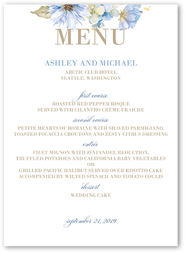 Watercolor Bouquet Wedding Menu, Blue, 5x7 Flat Menu, Pearl Shimmer Cardstock, Square