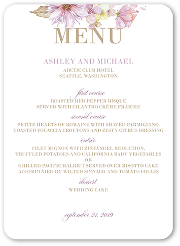 Watercolor Bouquet Wedding Menu, Purple, 5x7 Flat Menu, Matte, Signature Smooth Cardstock, Rounded