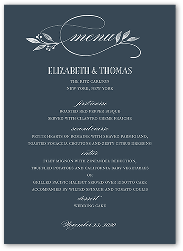 Classic Herald Wedding Menu, Blue, 5x7 Flat Menu, Pearl Shimmer Cardstock, Square, Deep Blue
