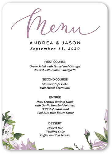 Crisp Petals Wedding Menu, Purple, 5x7 Flat Menu, Pearl Shimmer Cardstock, Rounded