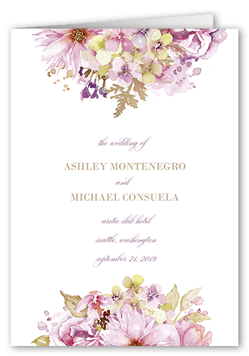 Watercolor Bouquet Wedding Program, Purple, 5x7, Pearl Shimmer Cardstock, Square