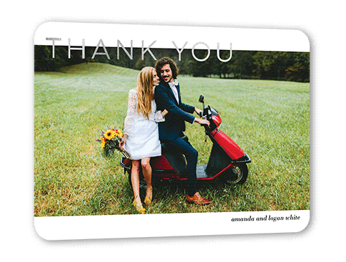 Flourishing Thanks Thank You Card, Silver Foil, White, 5x7 Flat, Pearl Shimmer Cardstock, Rounded, White