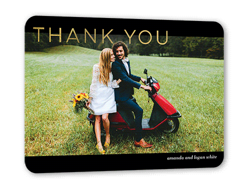 Flourishing Thanks Thank You Card, Black, Gold Foil, 5x7 Flat, Matte, Signature Smooth Cardstock, Rounded