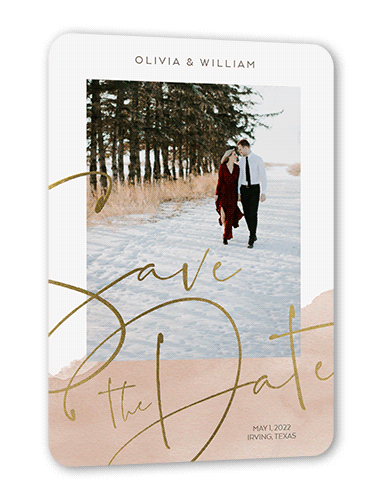 Decorative Script Save The Date, Brown, Gold Foil, 5x7 Flat, Pearl Shimmer Cardstock, Rounded, Alpaca