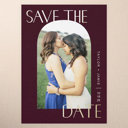 Arch Frame Save The Date, Gold Foil, Red, 5x7 Flat, Pearl Shimmer Cardstock, Square, Rich Burgundy