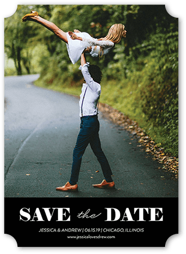 Clean Announcement Save The Date, Black, 5x7 Flat, Pearl Shimmer Cardstock, Ticket