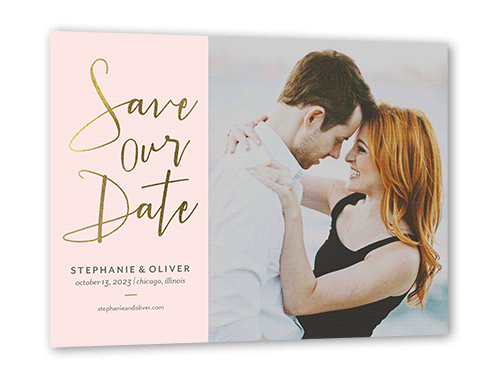 Shining Date Save The Date, Pink, Gold Foil, 5x7 Flat, Pearl Shimmer Cardstock, Square, Chenille