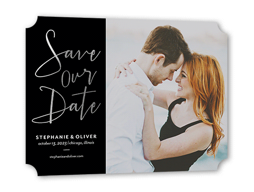 Shining Date Save The Date, Black, Silver Foil, 5x7 Flat, Pearl Shimmer Cardstock, Ticket