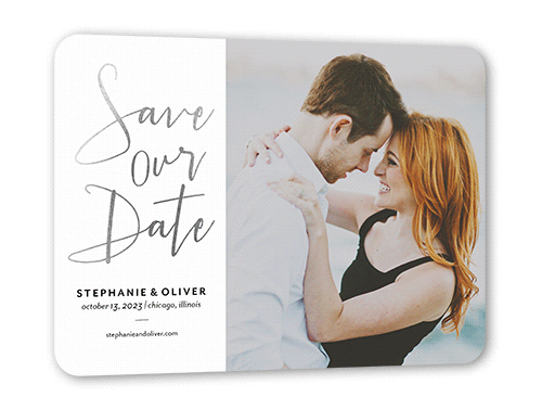 Shining Date Save The Date, White, Silver Foil, 5x7 Flat, Pearl Shimmer Cardstock, Rounded