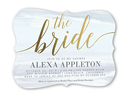 Watercolor Bride Bridal Shower Invitation, Gold Foil, Blue, 5x7, Pearl Shimmer Cardstock, Bracket