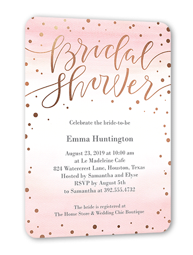 Confetti Bride Bridal Shower Invitation, Pink, Rose Gold Foil, 5x7 Flat, Pearl Shimmer Cardstock, Rounded