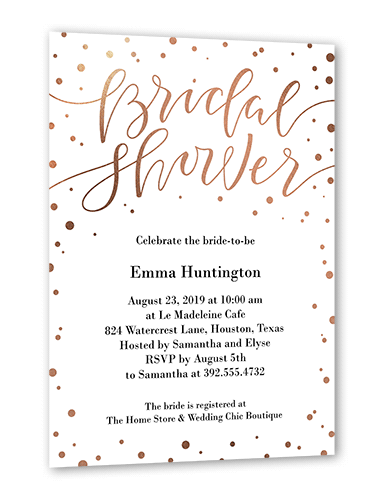 Confetti Bride Bridal Shower Invitation, White, Rose Gold Foil, 5x7, Pearl Shimmer Cardstock, Square