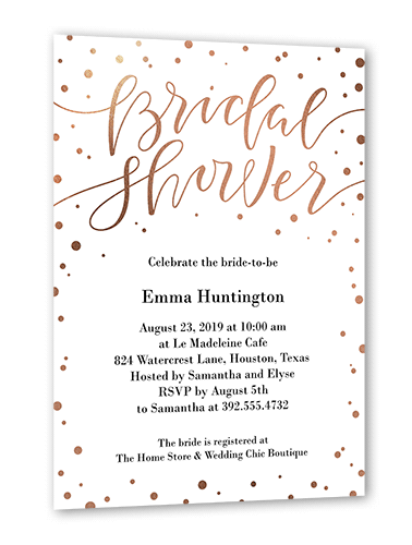 Confetti Bride Bridal Shower Invitation, White, Rose Gold Foil, 5x7 Flat, Pearl Shimmer Cardstock, Square