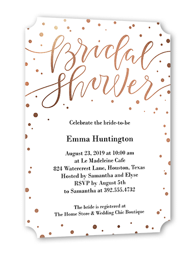 Confetti Bride Bridal Shower Invitation, White, Rose Gold Foil, 5x7 Flat, Signature Smooth Cardstock, Ticket