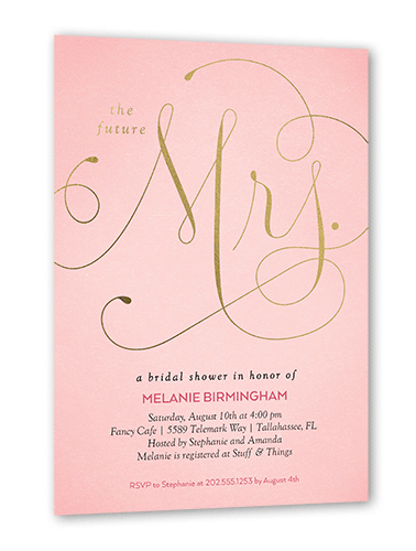 Simply Mrs Bridal Shower Invitation, Pink, Gold Foil, 5x7 Flat, Signature Smooth Cardstock, Square