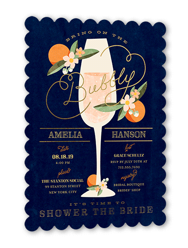Sweet Nectarine Bridal Shower Invitation, Gold Foil, Blue, 5x7, Pearl Shimmer Cardstock, Scallop