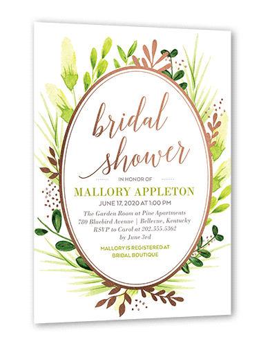 Bountiful Greenery Bridal Shower Invitation, Rose Gold Foil, White, 5x7 Flat, Pearl Shimmer Cardstock, Square, White