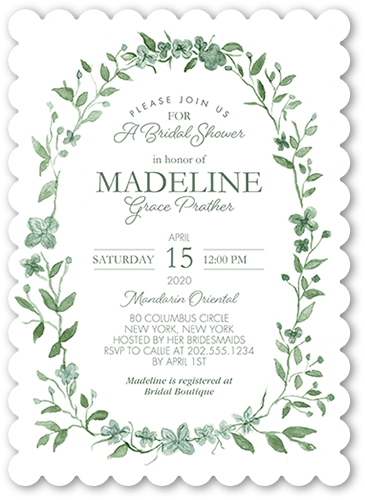 Ethereal Wreath Bridal Shower Invitation, Green, 5x7, Pearl Shimmer Cardstock, Scallop