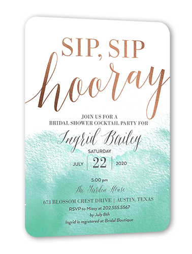 Gleaming Hooray Bridal Shower Invitation, Rose Gold Foil, Blue, 5x7 Flat, Pearl Shimmer Cardstock, Rounded